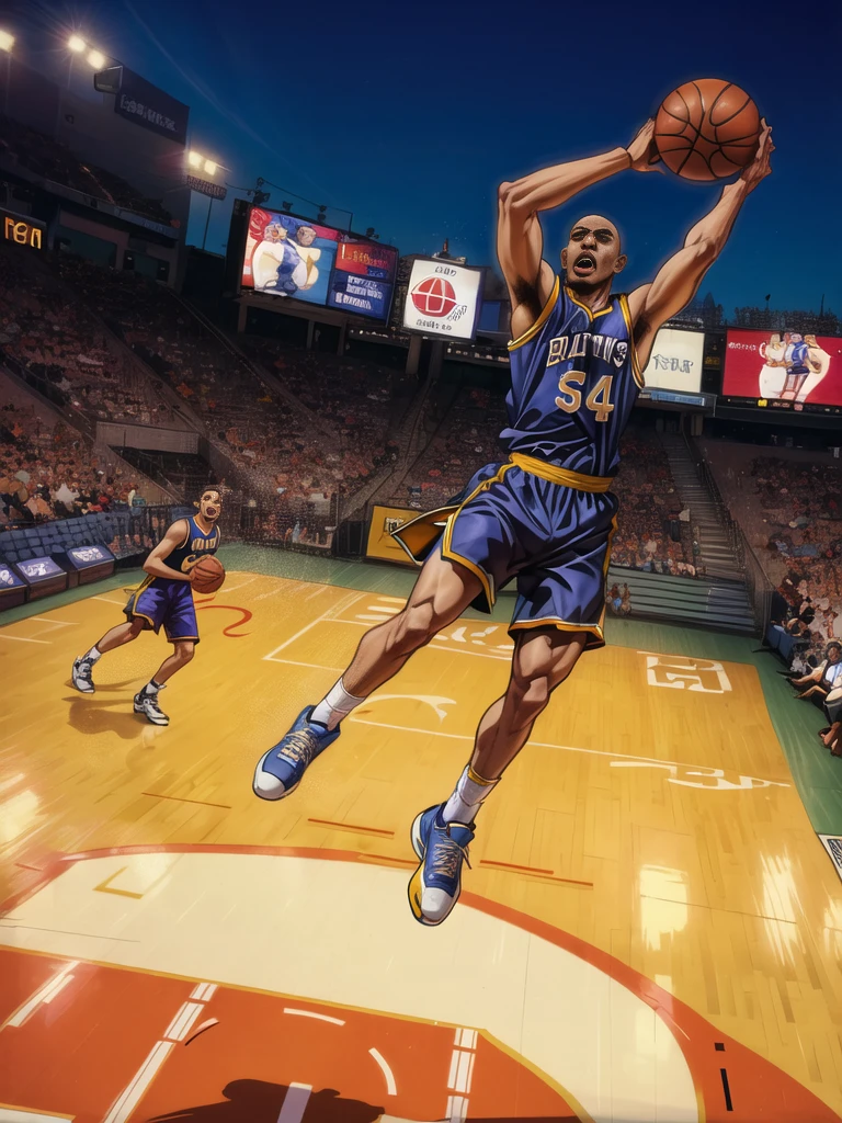 Kareem Abdul-Jabbar  leaping through the air doing a slam dunk \(basketball\), from above,