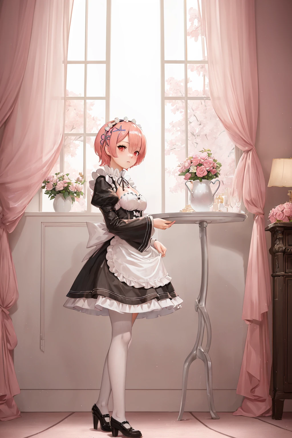 (best quality:1.2), (ultra-detailed:1.2), masterpiece, 8k wallpapers, extremely detailed, 1girl, Ram_ReZero,  <lora:Ram_ReZero_v1_2:0.65>, pink hair, short hair, (full body:1.2), maid outfit,