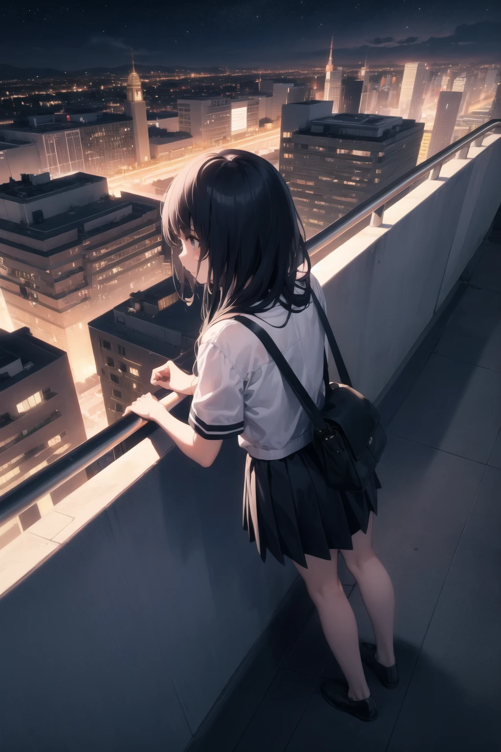 <lora:school_rooftop_v0.1:1>
school rooftop, 1girl, night sky, night, from above, cityscape,, masterpiece, best quality, highly detailed