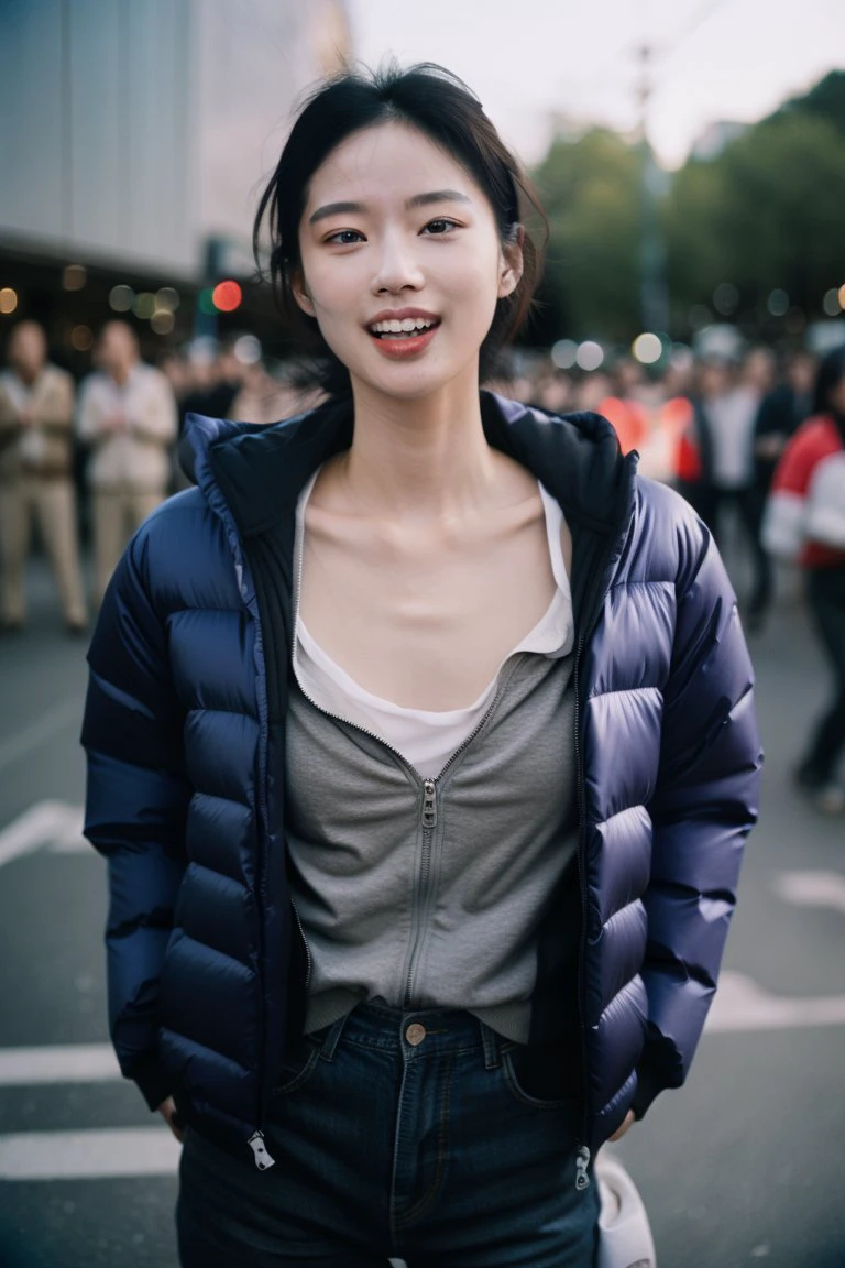 1girl, idol, model, depth of field, photo, film, face, skinny, smile, collarbone,  teeth, movie, puffer jacket, open mouth, crowd,