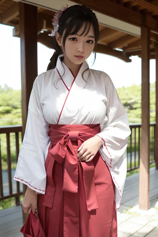 1girl, realistic, solo,  (masterpiece:1.2), best quality,  outside, <lora:miko_v10-10:0.6> , miko, red hakama, miko_clothes, miko_dress, nsfw