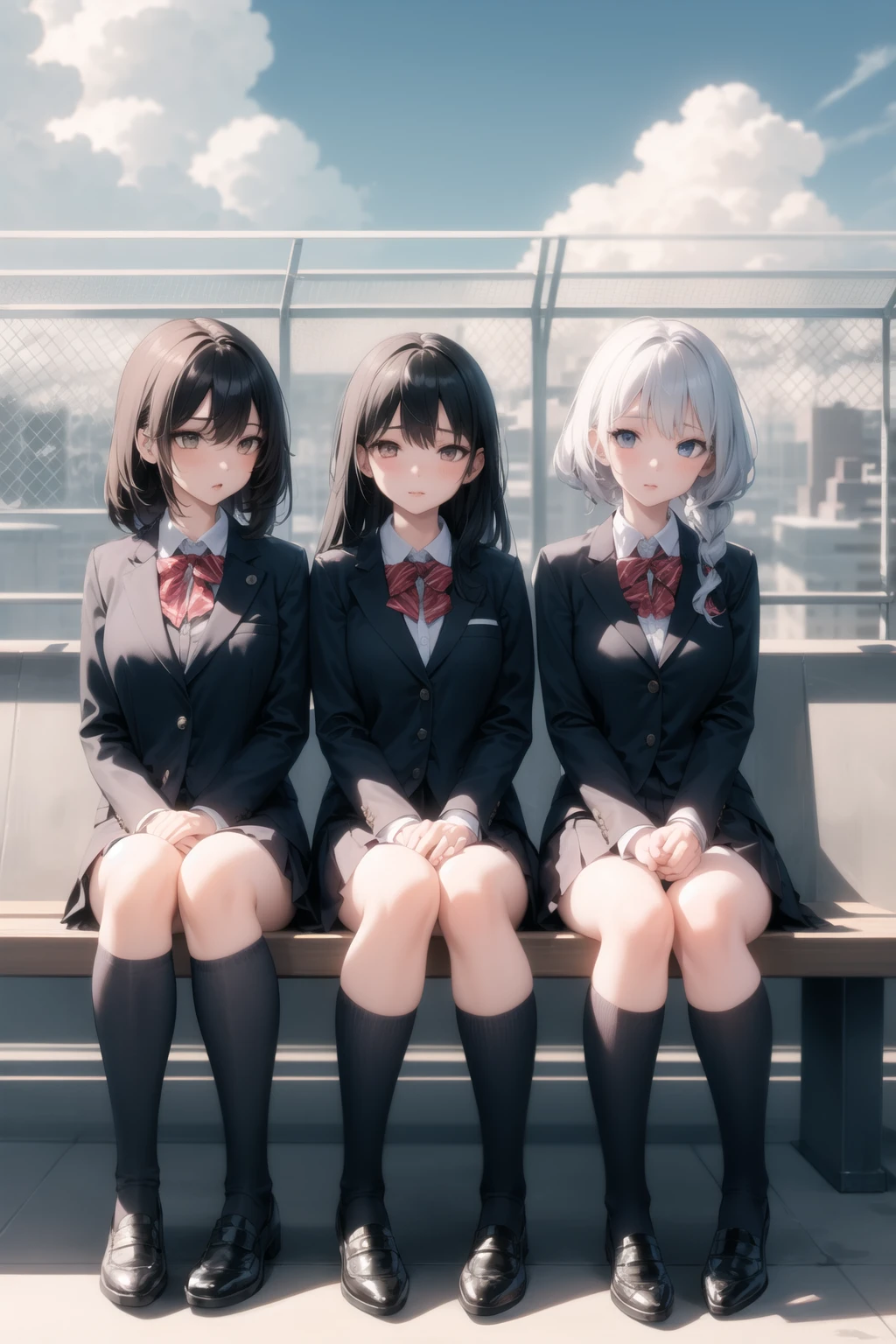 <lora:school_rooftop_v0.1:1>
school rooftop, bench, multiple girls, 4girls, school uniform,, masterpiece, best quality, highly detailed