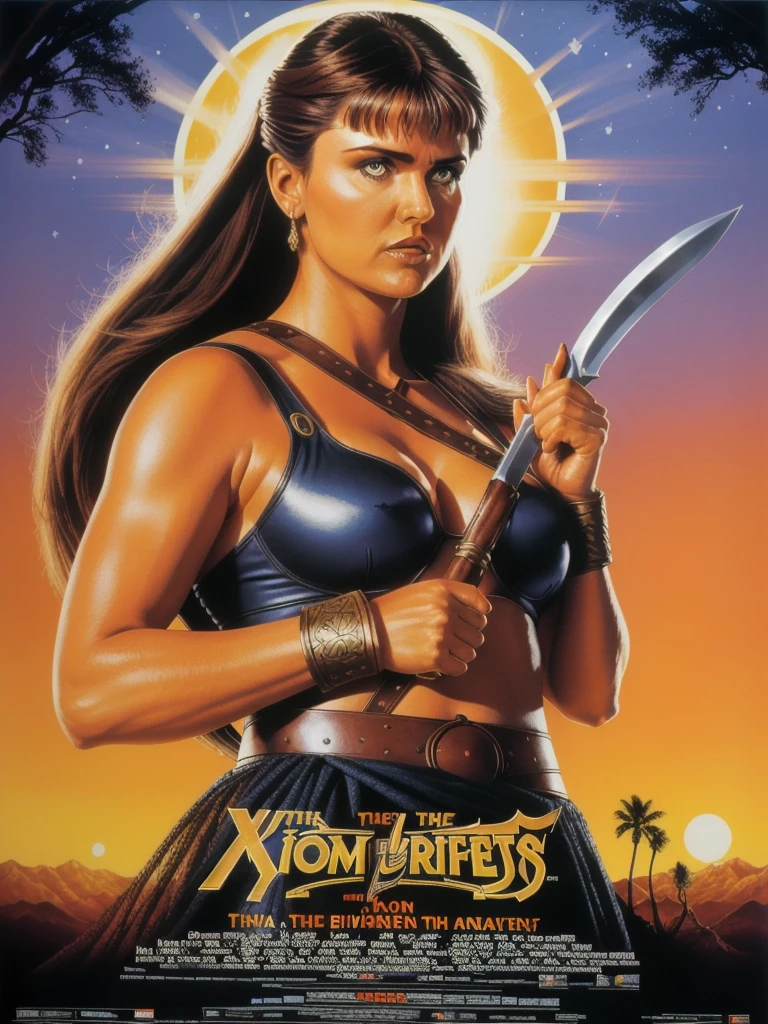 80s movie poster, Xena, warrior princess, kingdom background, high definition, detailed<lora:80s Movie Poster Style v2:1>