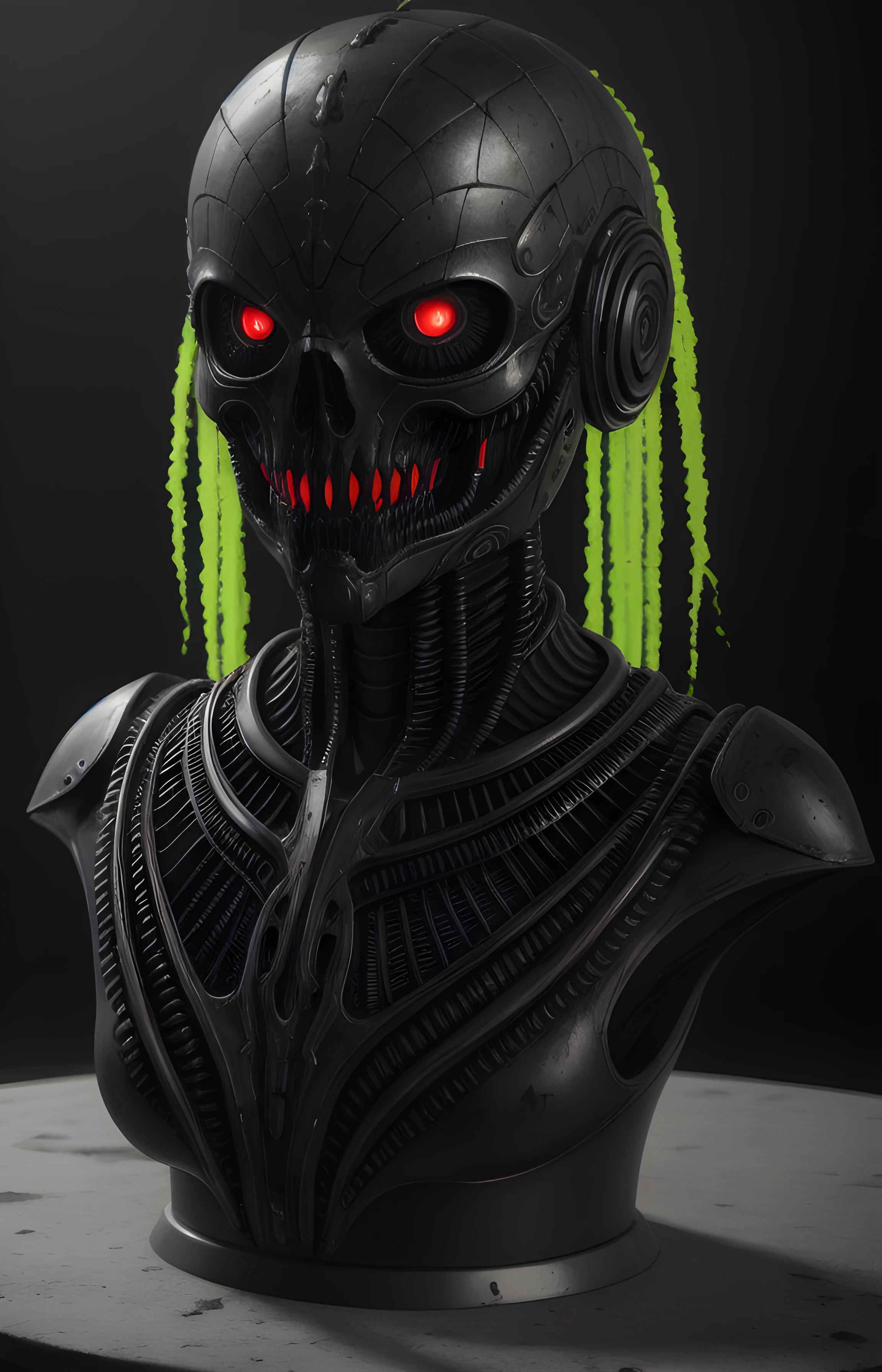 a dangerous looking man green, blood on top of a table with a demon head, in the style of giger in the hole, hyperrealism, realistic photography, dark atmosphere, realistic blood, high quality render, ultra realistic shadows