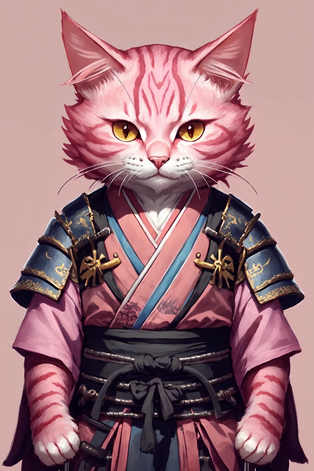 <lora:cat-000008:0.8> pink c4ttitude, wearing samurai