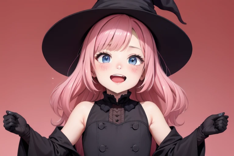 masterpiece,(best quality, high quality, highres:1.2), a woman in a witches hat and black dress with lights behind her and a pink background with a starburst, blurry, depth_of_field, facing_viewer, red_background, red_sky, smile, solo, bloodborne, a hologram, magical realism, (flat_color:1.1), (anime_coloring:1.1), (realistic_nose:-1),(megami magazine:1.1)