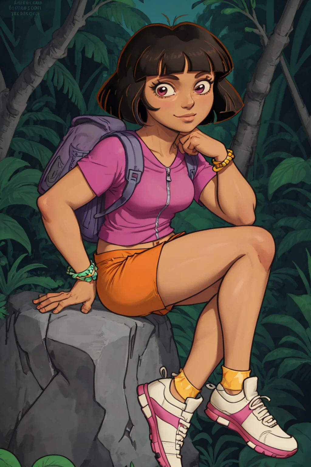 portrait of Dora the Explorer, shorts, bracelet, backpack, sneakers hiking on a jungle trail <lora:doraTheExplorer_v10:0.6>