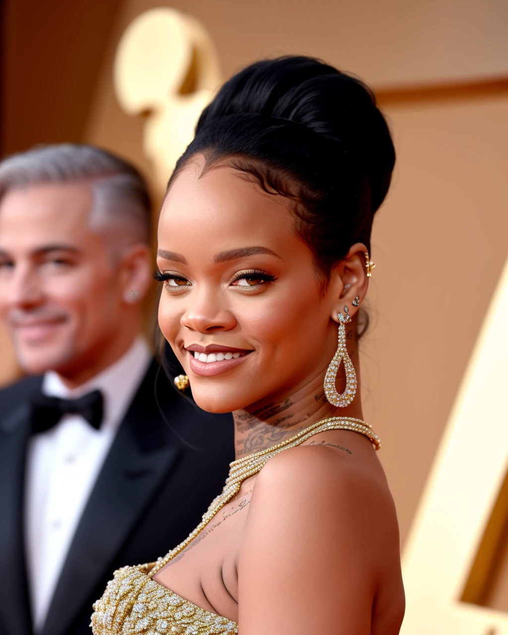 anime, Depicting Rihanna in a Red Carpet-Ready Outfit, High-Quality, Smiling, Glamorous, Elegant, Timeless, Flowing Gown, Eye-Catching Jewelry, Perfectly Styled Hair and Makeup, Confident Pose, Regal Smile, Lavish Background, No Distortions, No Over-the-Top Photoshop Effects, Photographer's Signature Included, by Photographer Rochelle Brock,
