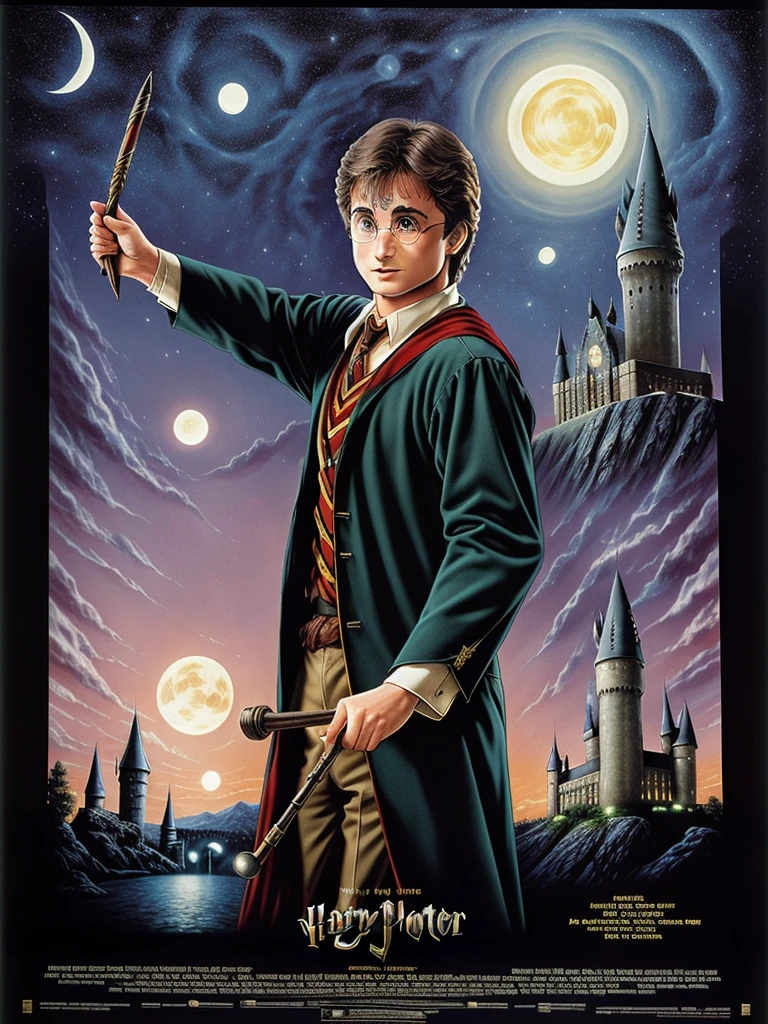 Harry Potter holding a wand, nighttime, Hogwarts castle background, 80s movie poster<lora:80s Movie Poster Style v2:1>