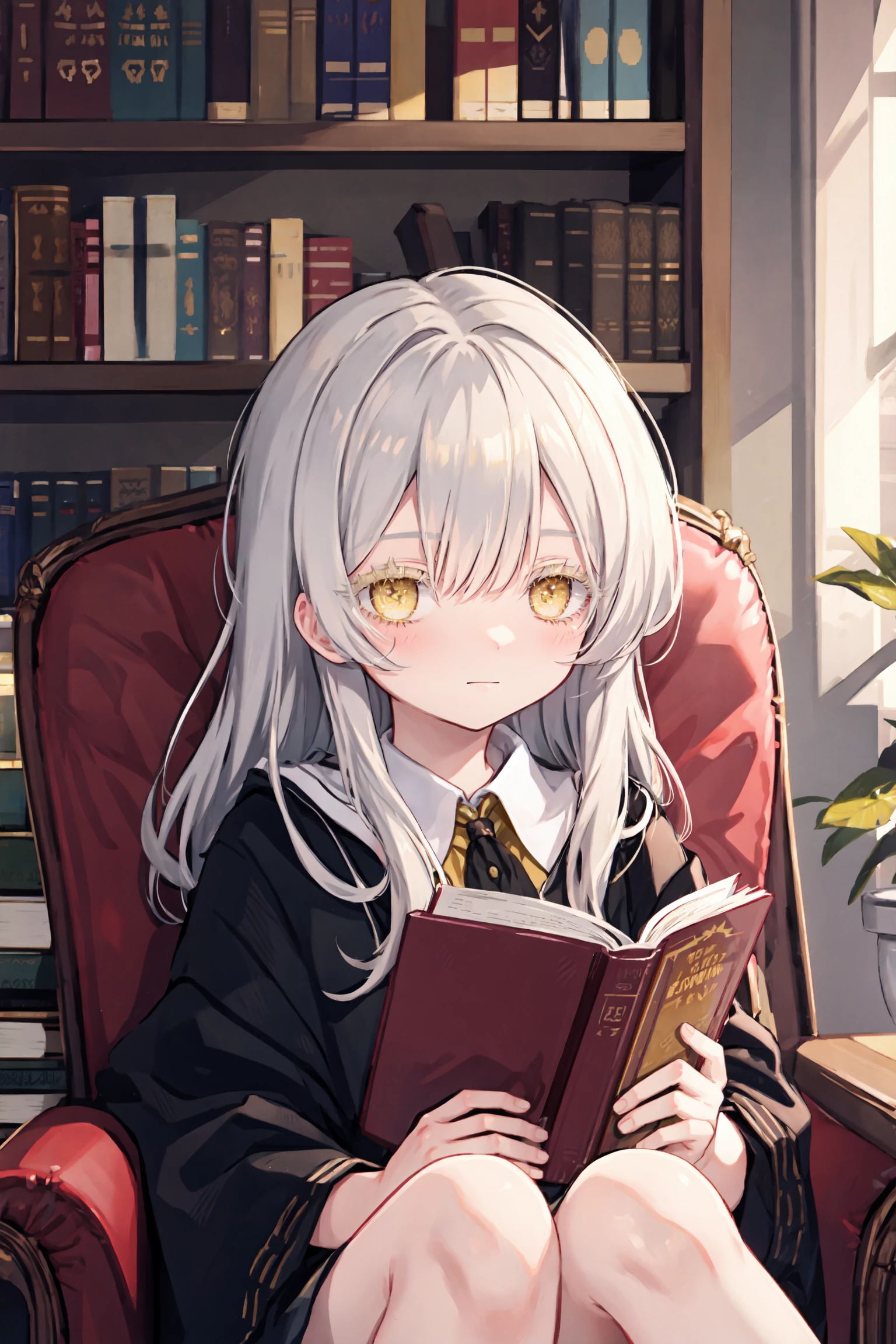 upper body, 
1girl, white hair, (colored eyelashes, yellow eyelashes:1.2), sleepy, faint smile, (smile:0.8), closed mouth, head down, sitting on armchair, looking at viewer, hand on own knee, book on knee, 
indoor, bookshelf, 