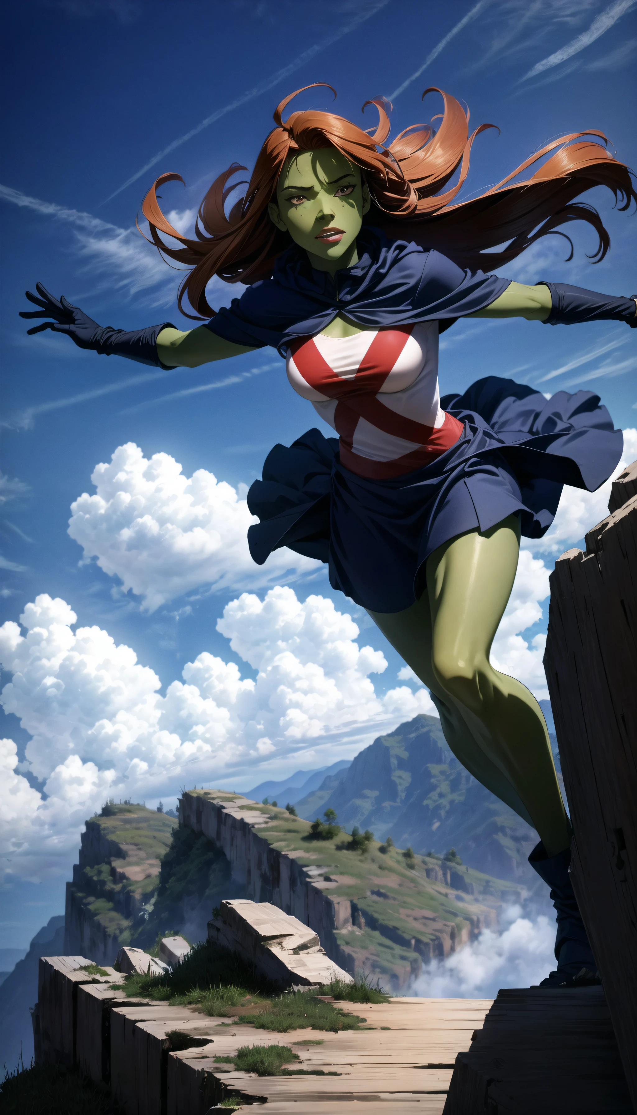 (cowboy shot), sfw, (masterpiece), (best quality:1.0), (ultra highres:1.0), detailed eyes
BREAK
<lora:MissMartianYJ-000009:0.7> MissMartianYJ, 1girl, green skin, orange hair, dynamic pose, flying, windy
blue cape, white shirt, red X logo, blue skirt, gloves, knee-high boots
BREAK
(sky, clouds, outdoors, gorgeous view)