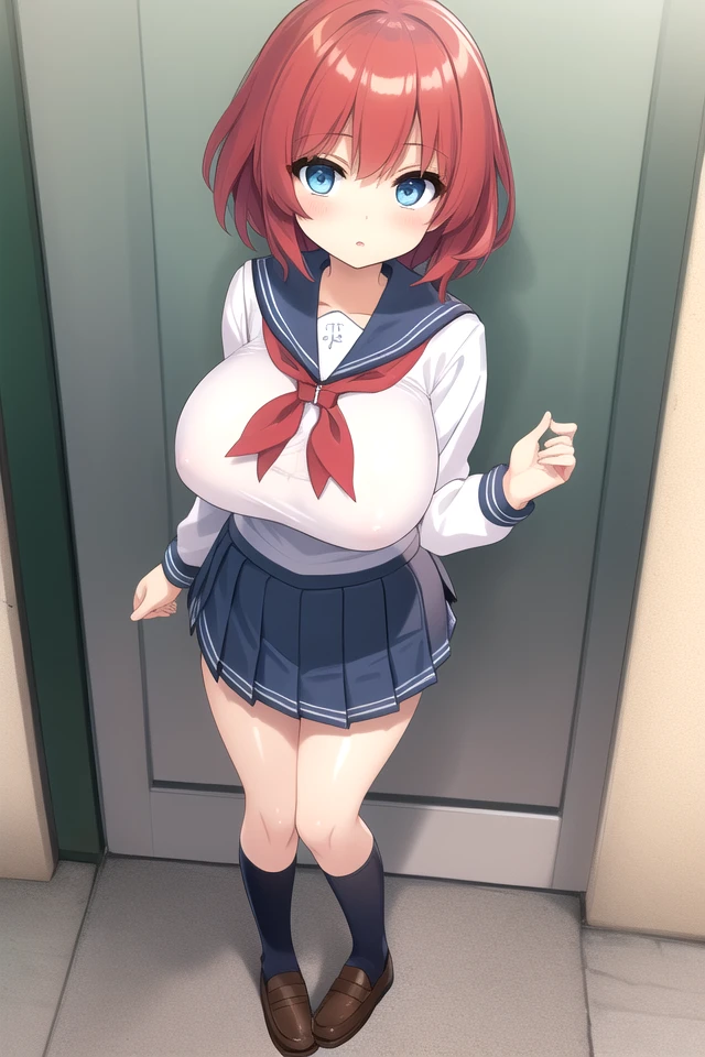 best quality,highly detailed,ultra-detailed,masterpiece,illustration,beautiful detailed eyes, Anime, Moe,(((illustration))), solo, 1girl,full body,
((deepblue eyes)),(((red hair))),((((very short hair)))), (((shiny skin))), gradient hair, ((perky breasts)), light blush,
((((blazers|long sleeve sailor suit|School uniforms)))), ((((pleated skirt)))), school, pantyhose, uwabaki