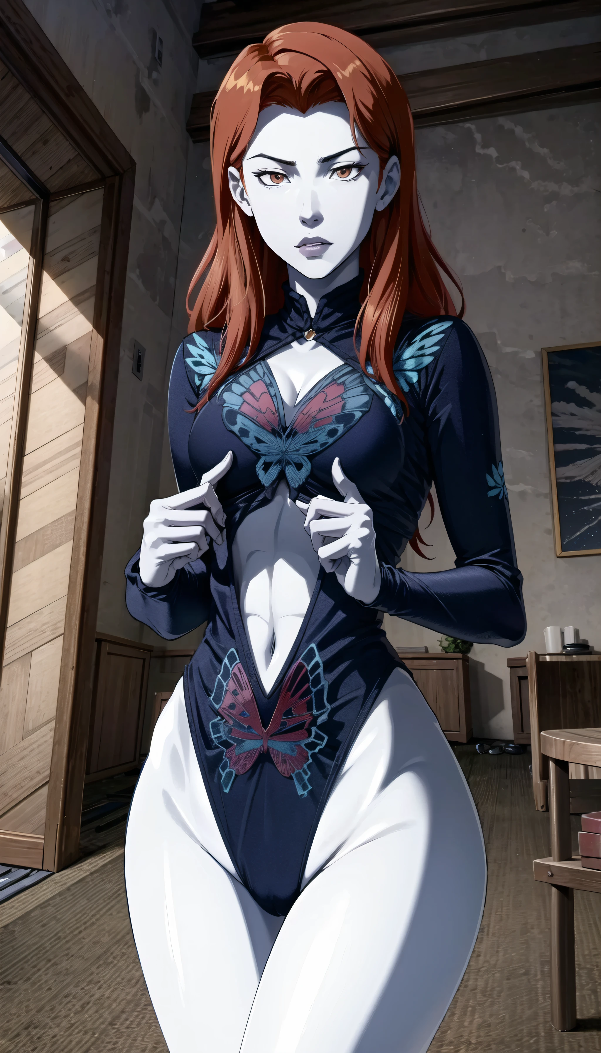 (cowboy shot), sfw,  (masterpiece), (best quality:1.0), (ultra highres:1.0), detailed eyes
BREAK 
<lora:MissMartianYJ-000009:0.7> MissMartianYJ, 1girl, (pale-blue skin:1.2), orange hair, dynamic pose
<lyco:edgCoquine, butterfly_top:0.7> (edgCoquine:1.2), butterfly_top, multi-colored butterfly_top, in a colored sexy attire, wearing [edgCoquine|butterfly_top], (butterfly design embroidery:1.2)
BREAK
(team base, portal, indoors, gorgeous view)