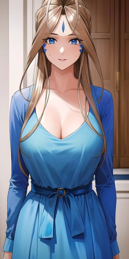 Belldandy, blue_eyes, brown_hair, (facial_mark:1.3), <lora:Belldandy:.6>, standing, blue_dress, Large_breasts, masterpiece, best quality, detailed face, detailed eyes, highres,