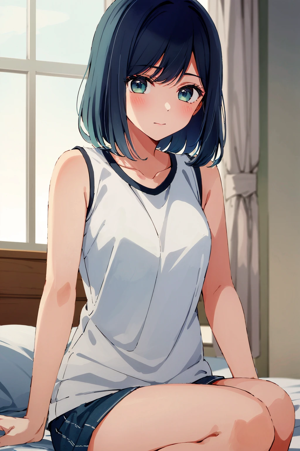 masterpiece, high quality, 8k, beautiful lighting, 1girl, solo, akane, <lora:akanev2:0.7>, white shirt, t-shirt, blue short, sleeveless, looking at viewer, sitting, bedroom,