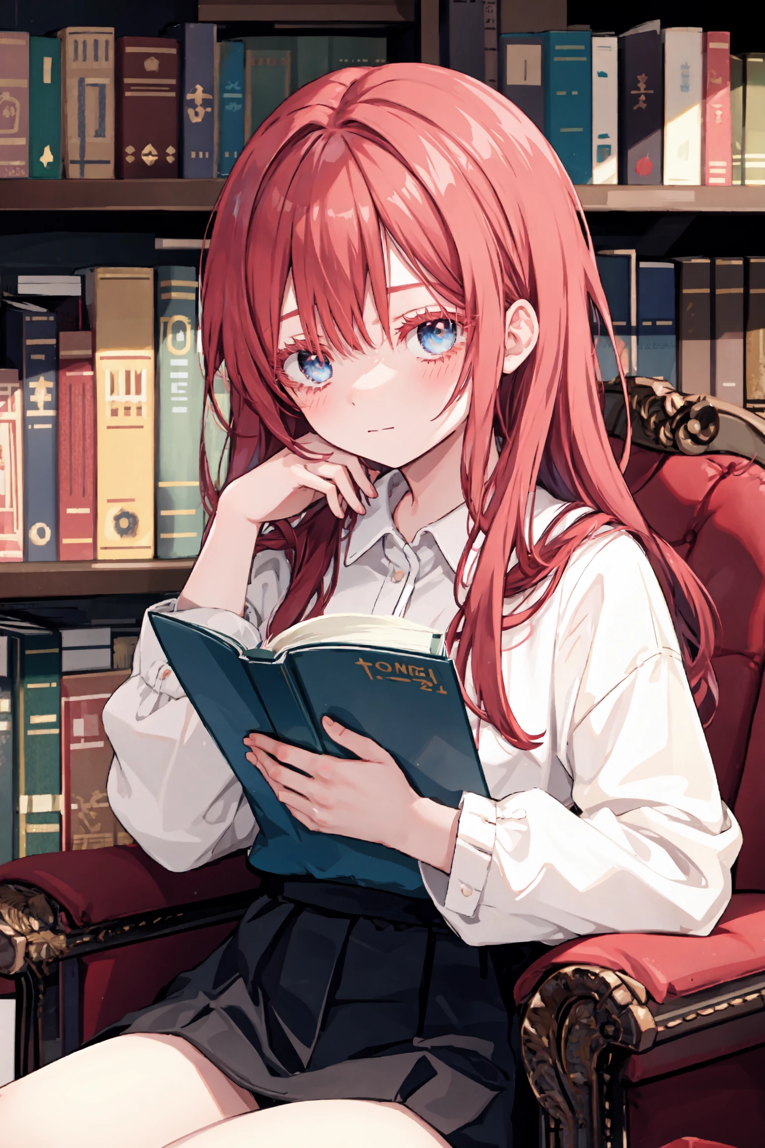 upper body,
1girl, red hair, (colored eyelashes, red eyelashes:1.2), sleepy, faint smile, (smile:0.8), closed mouth, head down, sitting on armchair, looking at viewer, hand on own knee, book on knee, blue eyes,
indoor, bookshelf,
<lora:colored_eyelashes000:1>,