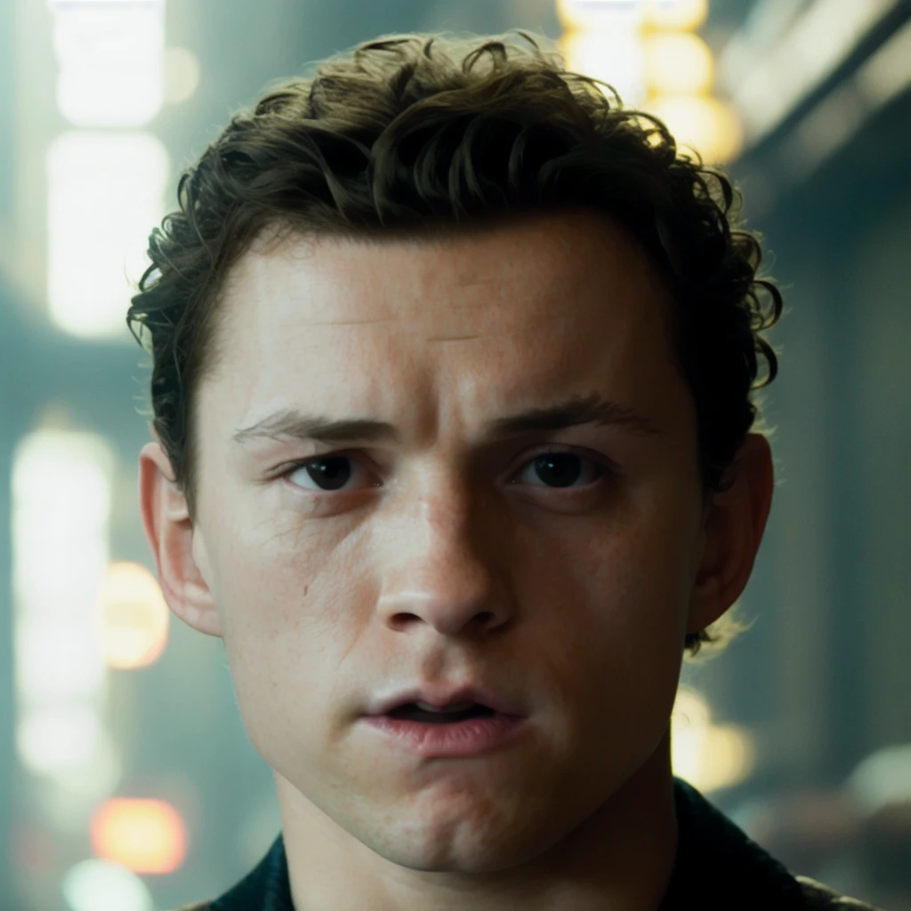 RAW face closeup portrait of tomholland person wearing a tuxedo, professional photography, in blade runner, high resolution, 4k, 50mm, vaporwave, photo by Brooke Shaden, close portrait, <lora:tomholland_6150:1>