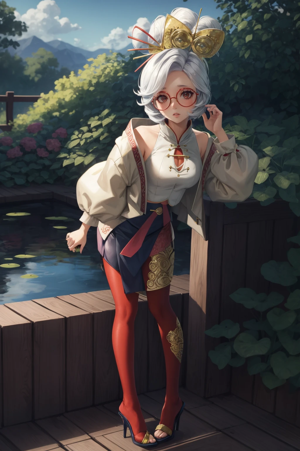 masterpiece, best quality, purah, red glasses, hair ornament, white jacket, sleeveless shirt, black skirt, orange leggings, high heels, standing, leaning forward, confused, looking at viewer, hand up, pond, garden, blue sky <lora:purah-nvwls-v2-final:0.9>