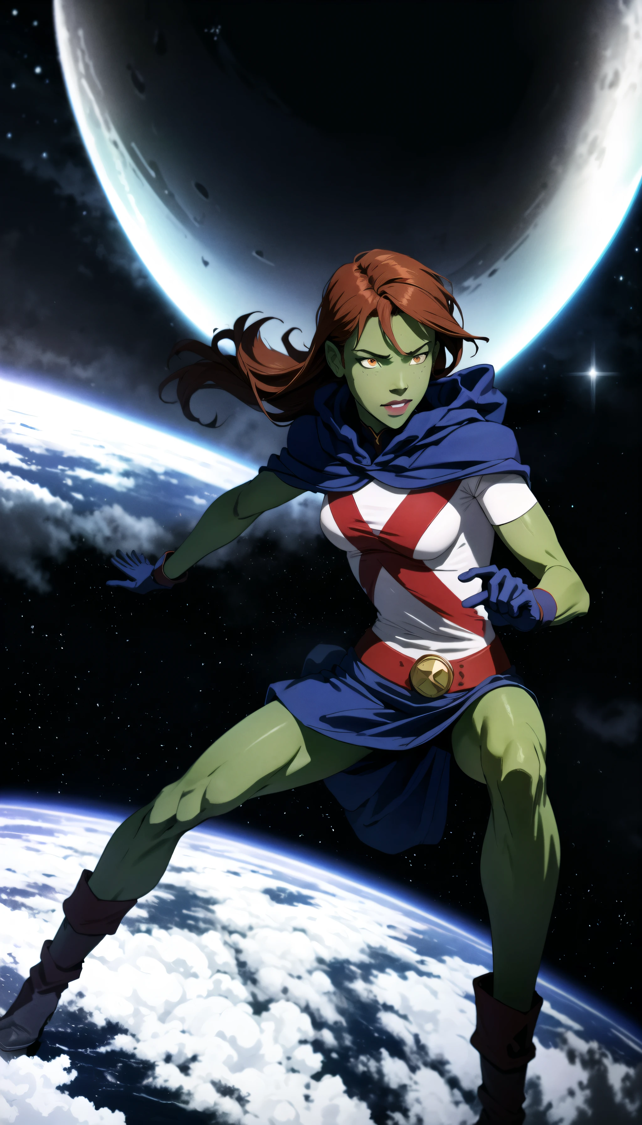 (cowboy shot), sfw, (masterpiece), (best quality:1.0), (ultra highres:1.0), detailed eyes
BREAK
<lora:MissMartianYJ-000009:0.8> MissMartianYJ, green skin, orange eyes, girl, dynamic pose
white shirt, red X logo, blue cape, short sleeves, blue skirt, gloves, boots
BREAK
(outer-space, starry, gorgeous view)