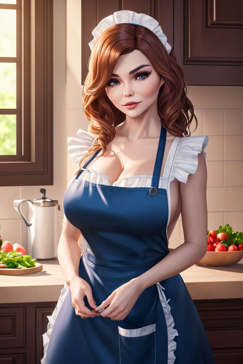 Christina Hendricks, masterpiece quality, (masterpiece quality:1.3), high res, realistic, lots of detail, alone, 1girl, (1girl:1.9), solo, in a busy restaurant, large buffet table in background, at a Golden Corral buffet, short hair, wearing choker collar, wearing black crop top, wearing blue jean miniskirt, wearing fishnet stockings, wearing g-string, thin body, (thin body:1.5), small breasts, (small breasts:1.5), lots of cleavage, smiling,