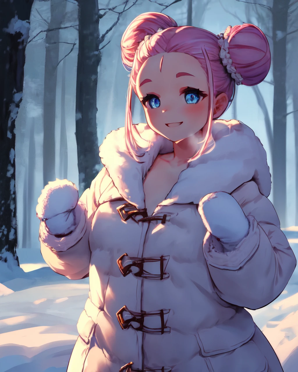 <lora:e7 Choux:1> e7 Choux, pink hair, two hair buns, (comb over hair, clear forehead), plump cheeks, oversized white fur coat, white mittens, smiling,
(naked under the coat, nsfw, flat chest),
playing in the snow, snow falling, outdoors, snowy woods,
(masterpiece), best quality, highres, 4k, 8k, Detailed Illustration, intricate detail, cinematic lighting, amazing quality, 1girl, fit female, amazing shading, soft lighting, facing camera, perfect eyes