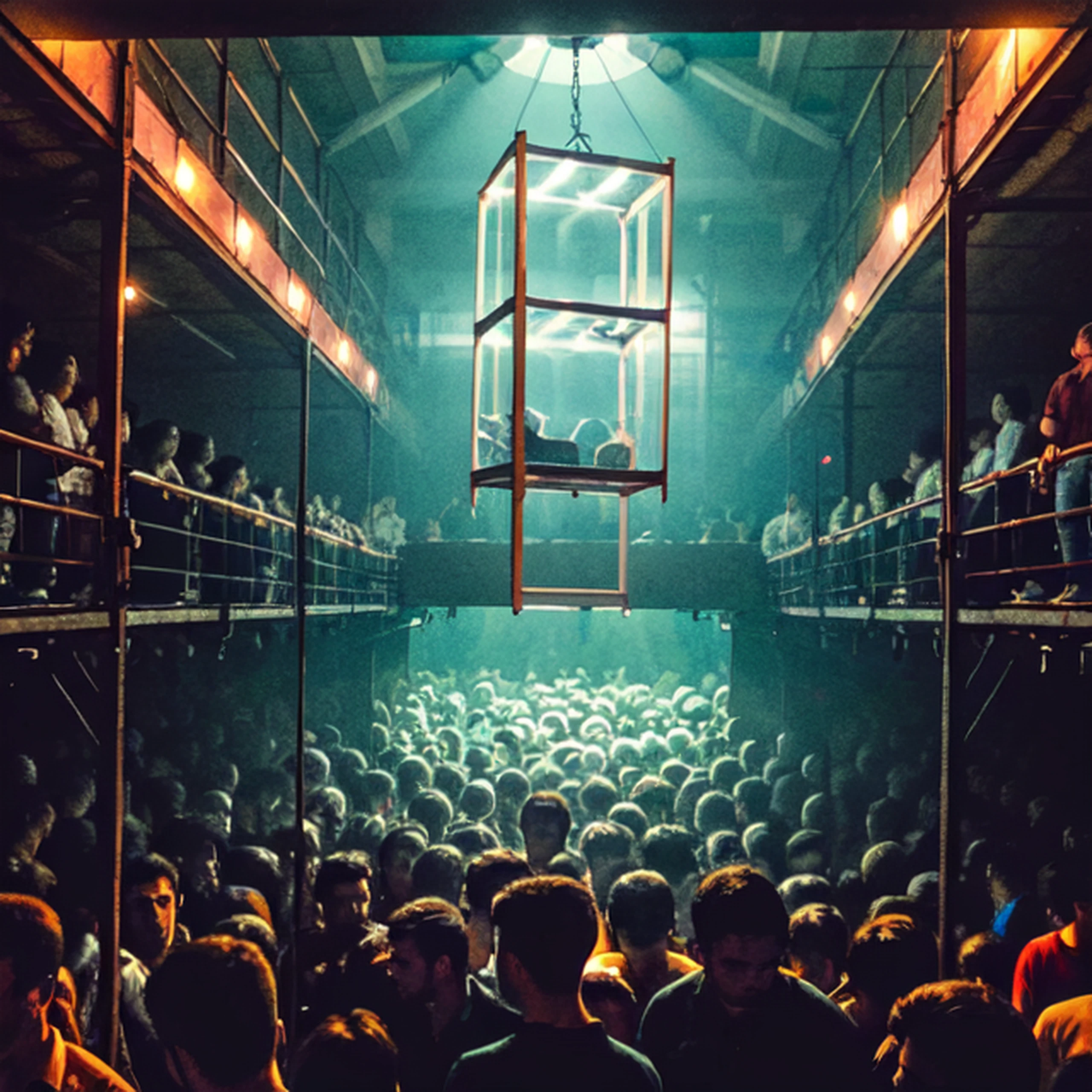 DSLR photo, Raw photo, hanging cage, from above, crowd on balcony, UndergroundClub, (front view:1.3), crowd, close up, <lora:UndergroundClub:0.6>, soft lighting, realistic, hard shadow, masterpiece, best quality,