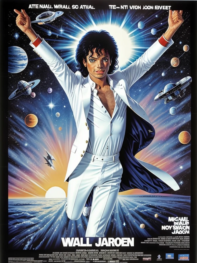 Michael Jackson, wearing a white suit and blue shirt, dancing, in space, 80s movie poster<lora:80s Movie Poster Style v2:1>