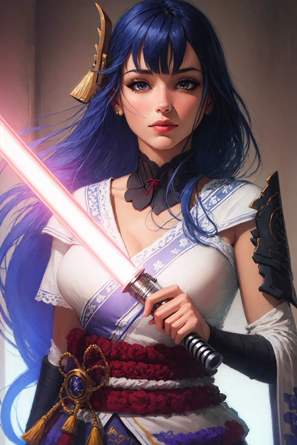 Highly detailed, High Quality, Masterpiece, beautiful, <lora:UnlimitedBladeWorks:0.9>, Lightsaber, 1girl, cowboy shot, nice hands, perfect hands, <lora:Other_EnvyBetterHands:1>, Raiden_Shogun_\(genshin impact\), Raiden_Shogun:1.2, blue hair, long hair, <lora:Char_GenshinImpact_RaidenShogun:0.8>