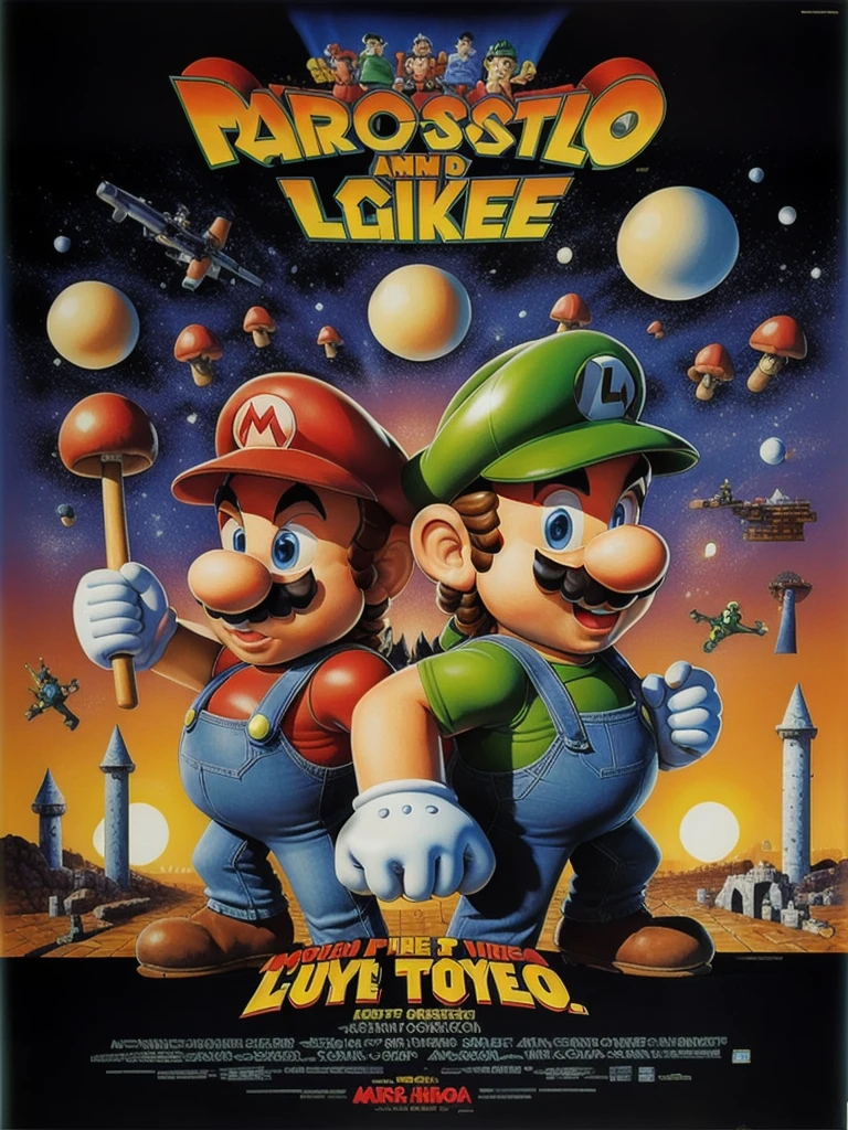 80s poster, Mario and Luigi, Mushroom castle background, black border<lora:80s Movieer Style v2:1>