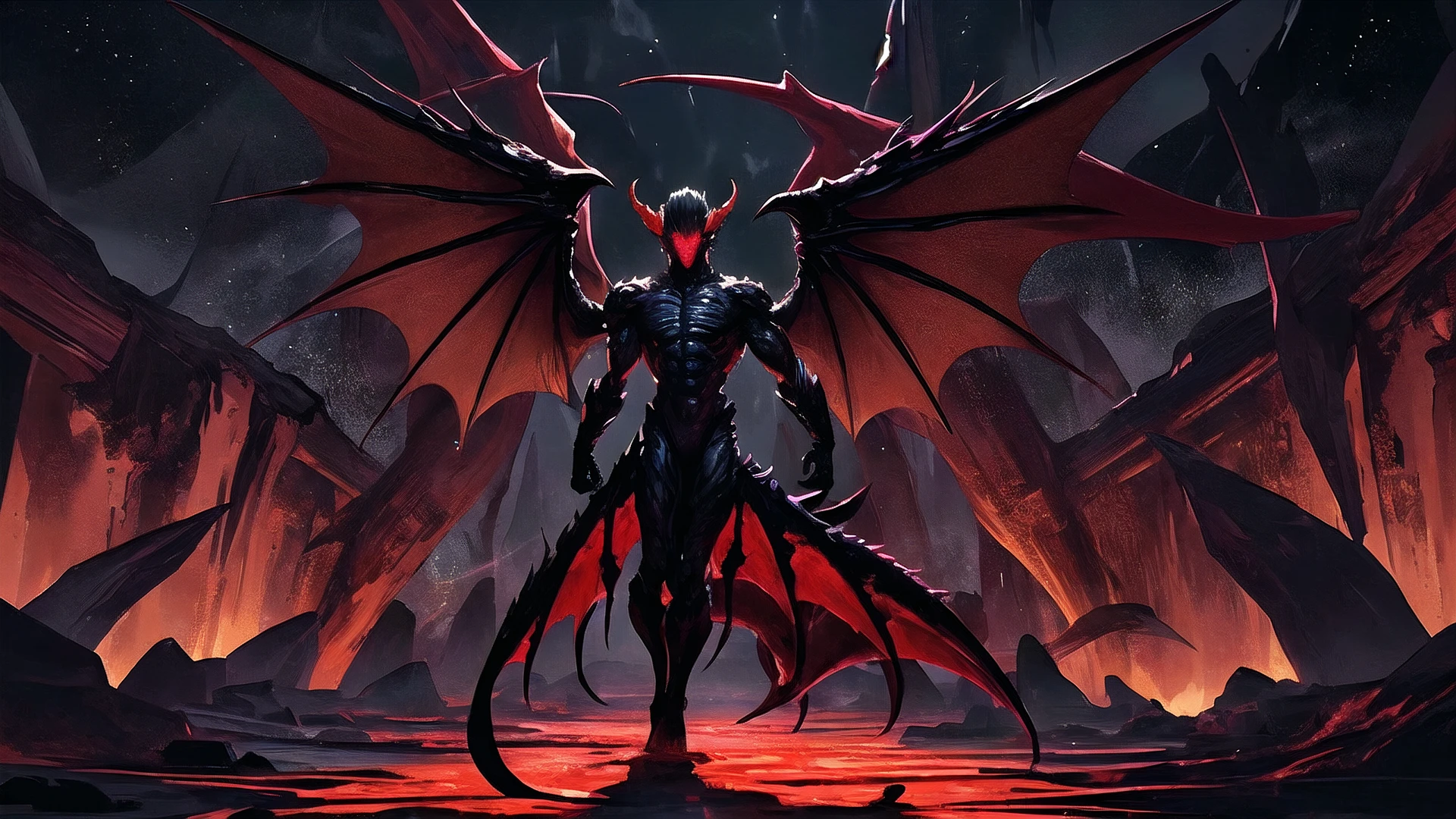 (masterpiece, best quality, ultra-detailed, best shadow, absurdres),(western style:0.5), (realistic:1.2), analog style, (detailed background, black astral, wide shot, full body, roaring, angry, spread arms, facing viewer, bipedal, humanoid, personification ), (best illumination), ((cinematic light)), colorful, hyper detail, dramatic light, intricate details, (male dragon named Typhondalos, (dressed in liquid darkness), melting, nude, claws, black wings, muscular, black scales, armor, bright red eyes, chaos, god)