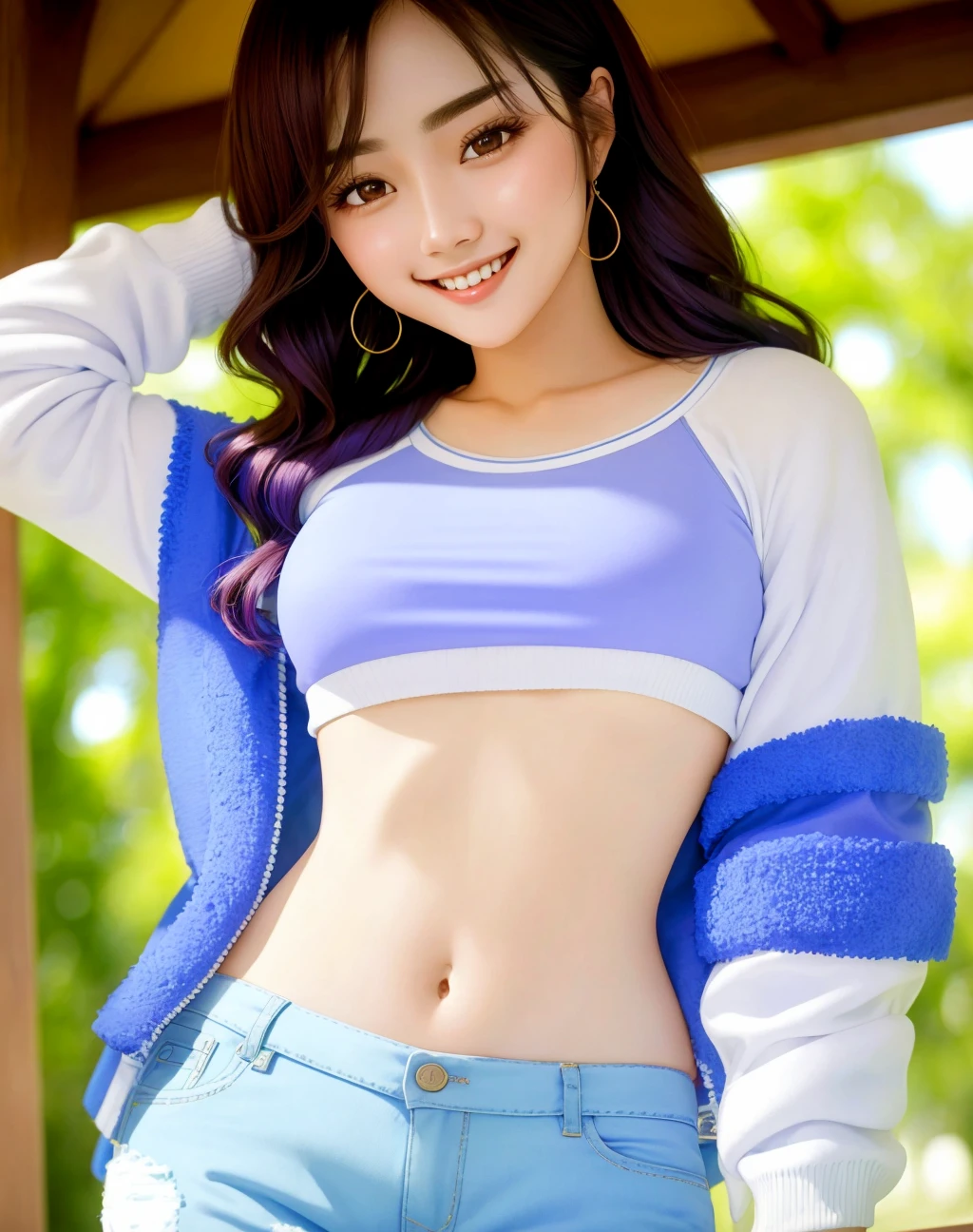 4K, Masterpiece, highres, absurdres, smiling,dark hair,beautiful edgVietd_woman, a woman in a white top and blue shorts ,perfect edgVietd_face, perfect edgVietd_body<lora:Doll_LikenessbyEDG_edgVietd:1>
