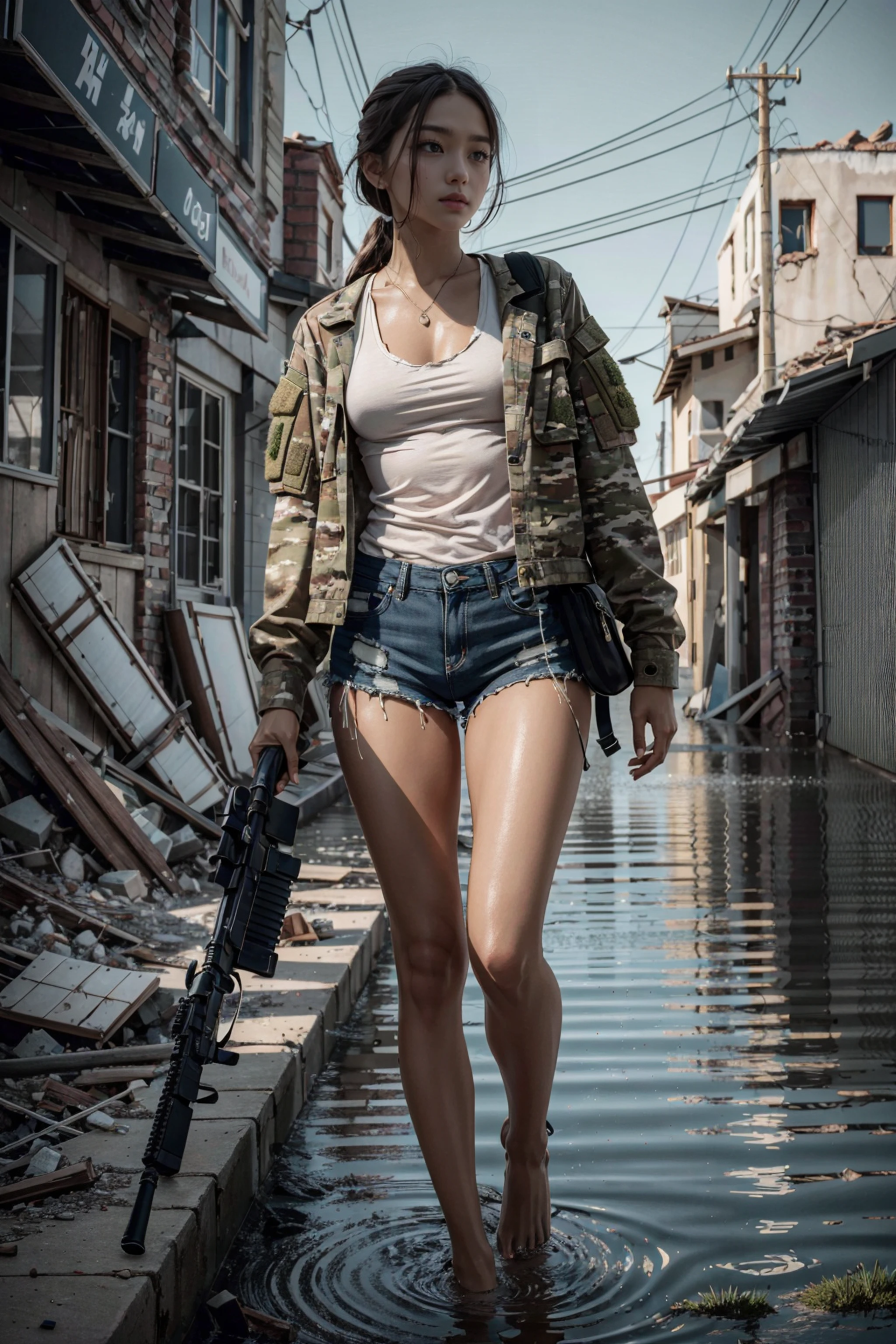 realistic, realistic details, detailed,
break
1girl, petite, extremely beautiful, tanned skin, detailed skin complexion, small breast, dirty body, sweating, torn clothes, walking, tank top, soldier camouflage jacket, brown shorts, barefoot, sexy, nsfw, partially nude, carrying rifle
break
post-apocalypse world, ruined cityscapes, destroyed civilization, flooded city
break
perspective, artistic photography, light and shadow contrast, rule of third, depth of field, sharp focus, foreground background, depth and dimension
break
(ulzzang-6500-v1.1:0.2)
