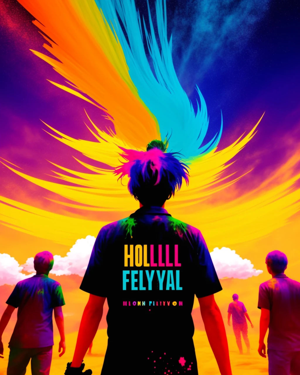 anime, Holi Festival in the Clouds with a big color explosion. Neon Playtoon Style, red backdrop, Artstation, Cinematic Lighting