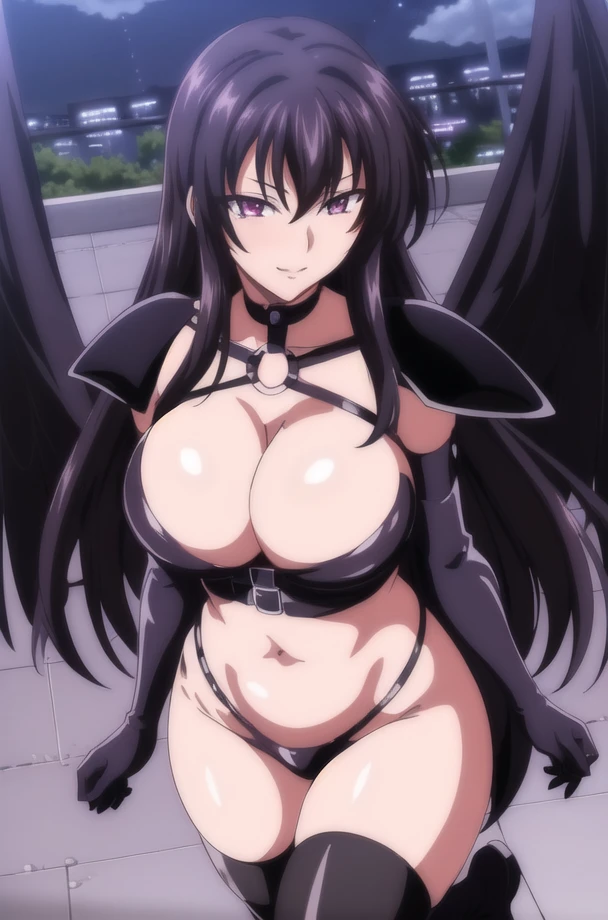 (Night:1.7), outdoors, Purple_sky,cloudy sky,
Flying,
chain, cleavage, cleavage_cutout, clothing_cutout, collar, heart_cutout,torn_bodysuit, torn_clothes, torn_legwear, underboob,
collarbone,choker,black outfit,navel,collar, shoulder armors,
<lora:Raynare_DxD-KK77-V1:0.7>,<lora:saiminSeishidou:0.2>,<lora:Mai_Shiranui-KK77-V2:0.1>,highleg,boots,thighhighs,black_wings,black_wings,
purple_eyes,,black_hair,very_long_hair,elbow_gloves,
1 girl, 20yo,mature female,Beautiful Finger,Beautiful long legs,Beautiful body,Beautiful Nose,Beautiful character design, perfect eyes, perfect face,
looking at viewer, seductive smile,alluring,
NSFW,official art,extremely detailed CG unity 8k wallpaper, perfect lighting,Colorful, Bright_Front_face_Lighting,
(masterpiece:1.0),(best_quality:1.0), ultra high res,4K,ultra-detailed,
photography, 8K, HDR, highres, absurdres:1.2, Kodak portra 400, film grain, blurry background, bokeh:1.2, lens flare, (vibrant_color:1.2)
(Beautiful,large_Breasts:1.4), (beautiful_face:1.5),(narrow_waist),