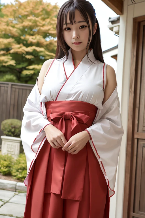 1girl, realistic, solo, (masterpiece:1.2), best quality, outside, <lora:miko_v10-10:0.6> , miko, red hakama, miko_clothes, miko_dress, nsfw