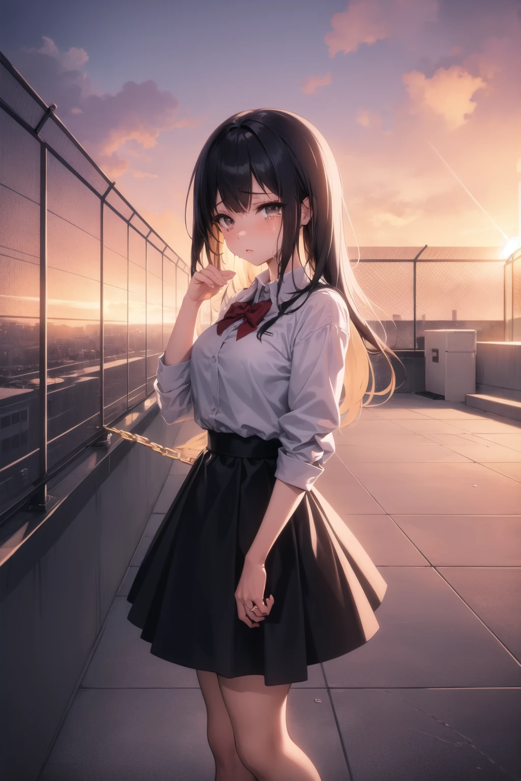 <lora:school_rooftop_v0.1:1>
school rooftop, 1girl, tears, sunset, chain-link fence,, masterpiece, best quality, highly detailed