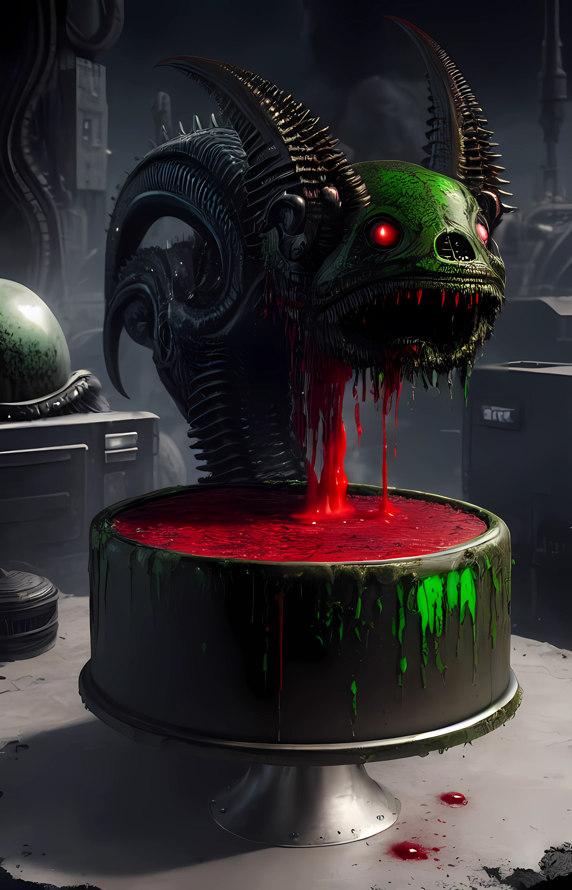 a dangerous looking man green, blood on top of a table with a demon head, in the style of giger in the hole, hyperrealism, realistic photography, dark atmosphere, realistic blood, high quality render, ultra realistic shadows