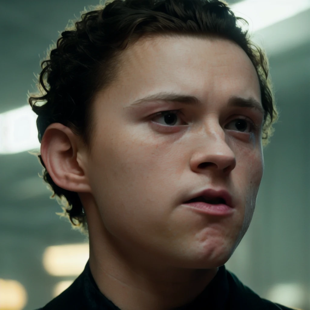 RAW face closeup portrait of tomholland person wearing a tuxedo, professional photography, in blade runner, high resolution, 4k, 50mm, vaporwave, photo by Brooke Shaden, close portrait, <lora:tomholland_6150:1>