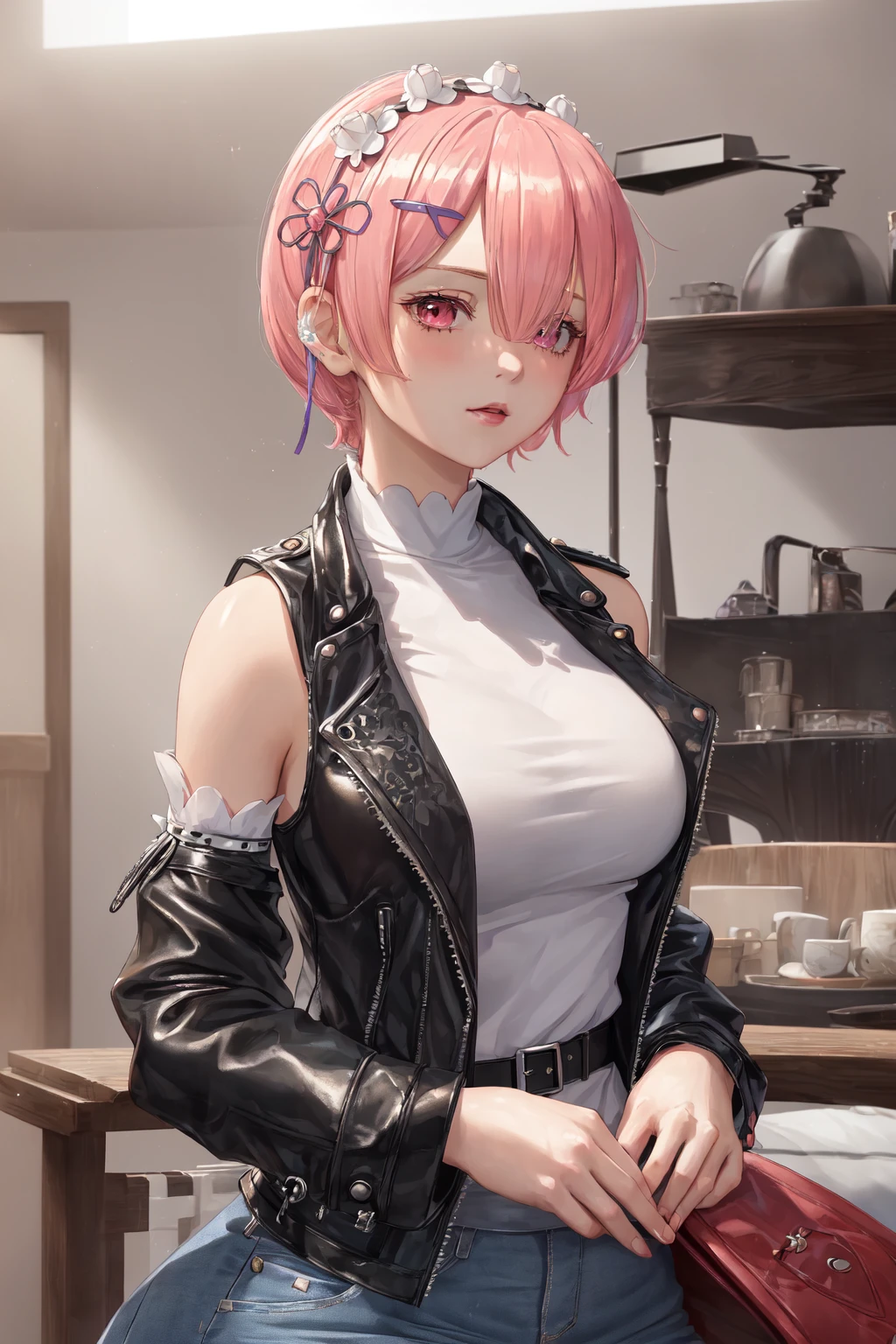 (best quality:1.2), (ultra-detailed:1.2), masterpiece, 8k wallpapers, extremely detailed, 1girl, Ram_ReZero,  <lora:Ram_ReZero_v1_2:0.7>, pink hair, upper body, black leather jacket, white shirt, blue jeans, standing