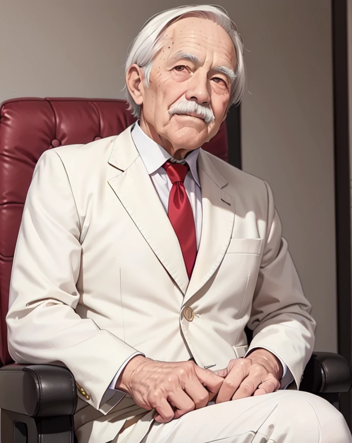 (An 80 years old man with nasolabial folds on his face:1.1), (white mustache:1.1), white suits, white short cut corners hair ,long brown red tie, beige jacket, his both fingers in front of his face, Werther's Original, sitting on the chair, glowing eyes, morinaga