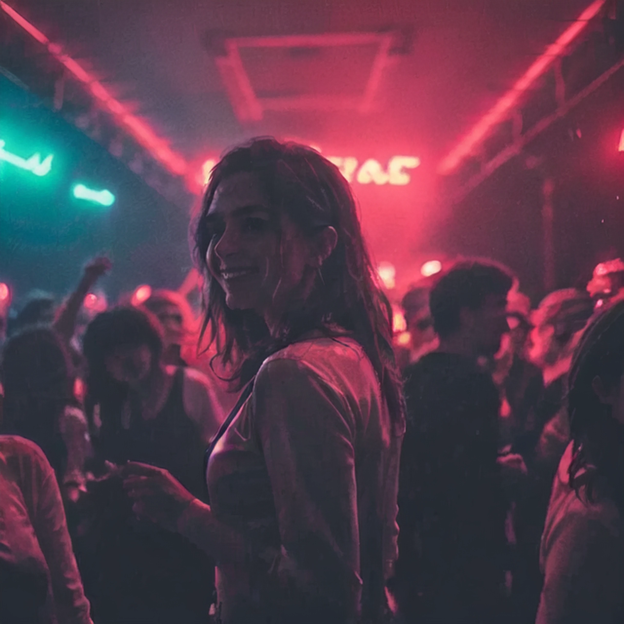 DSLR photo, Raw photo,  (close-up:1.3), of woman, face, eyes, (close up:1.3),  smile, dancing crowd in background, red light, dark, 8k, contrast, detailed, intricate, UndergroundClub, <lora:UndergroundClub:0.8>, soft lighting, realistic, hard shadow, masterpiece, best quality, neon sign   <lora:Eidiya:0.05> Eidiya, wild hair, jacket, high resolution