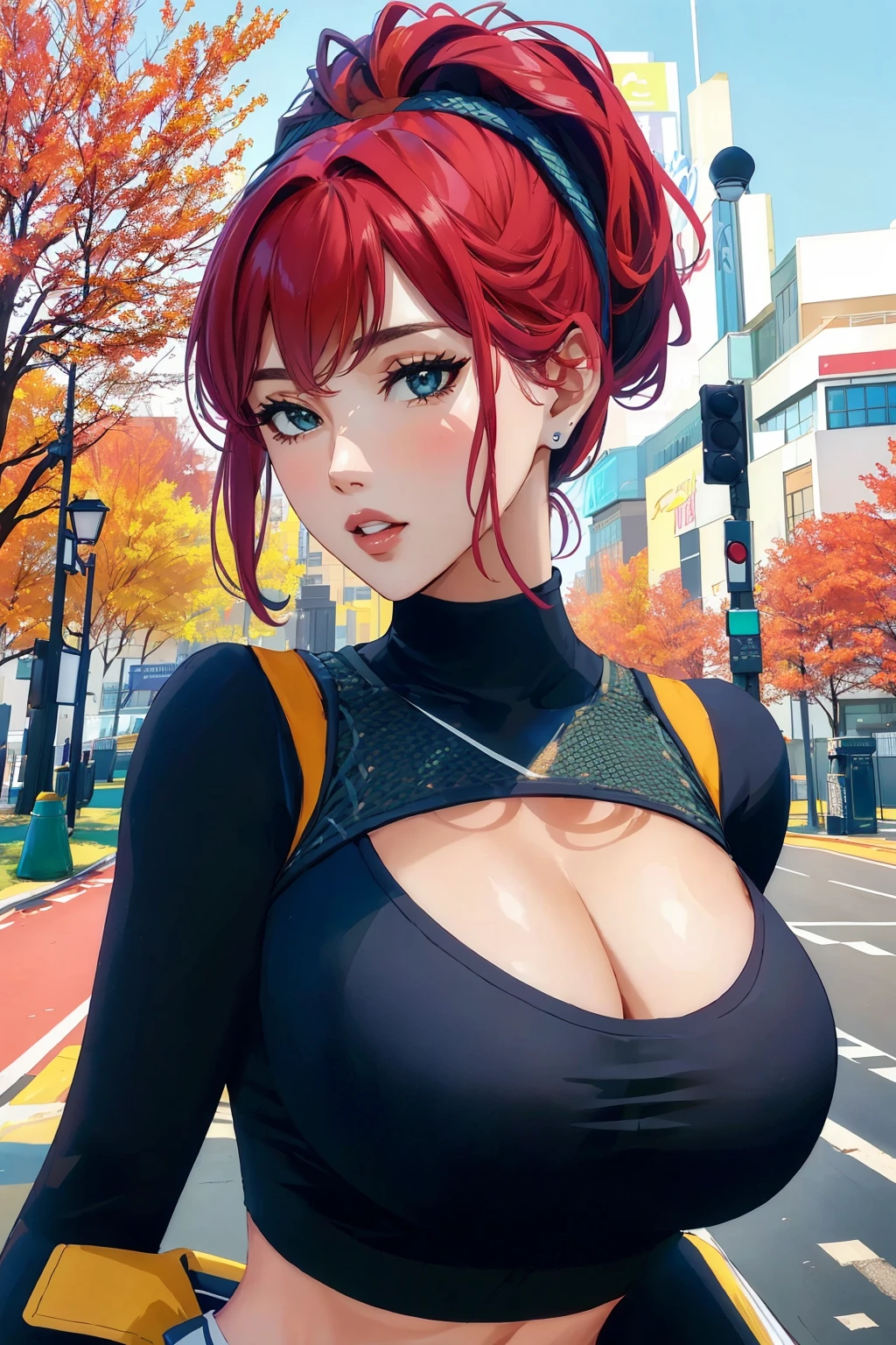 woman, cropped-fc,  <lora:cropped-fc-v2:1>, cleavage, sports bra, detailed face, colorful clothing, park, sky, trees