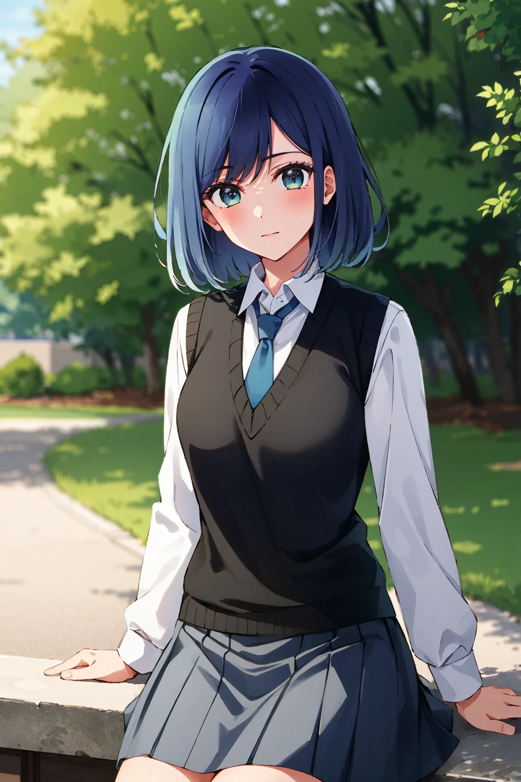 masterpiece, high quality, 8k, beautiful lighting, 1girl, solo, akane, white shirt, sweater vest, black vest, blue necktie, outdoors, upper body, skirt, grey skirt, cowboy shot, looking at viewer, sitting, <lora:akanev2:0.7>