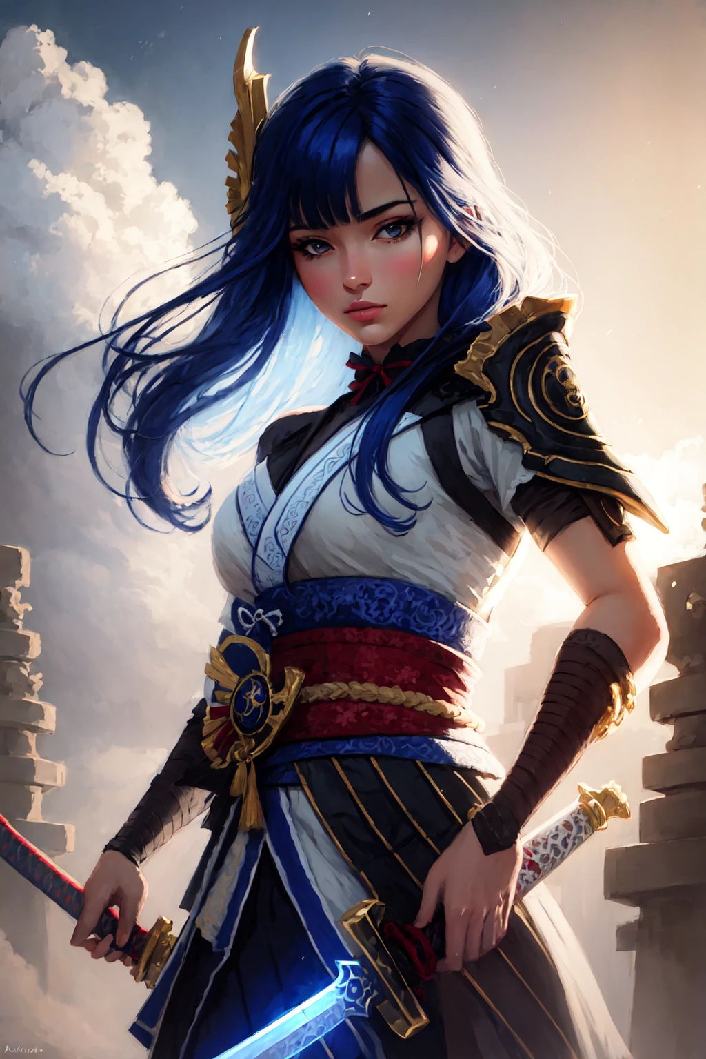 Highly detailed, High Quality, Masterpiece, beautiful, <lora:UnlimitedBladeWorks:0.9>, Dual Wielding Swords, 1girl, cowboy shot, nice hands, perfect hands, <lora:Other_EnvyBetterHands:1>, Raiden_Shogun_\(genshin impact\), Raiden_Shogun:1.2, blue hair, long hair, <lora:Char_GenshinImpact_RaidenShogun:0.8>