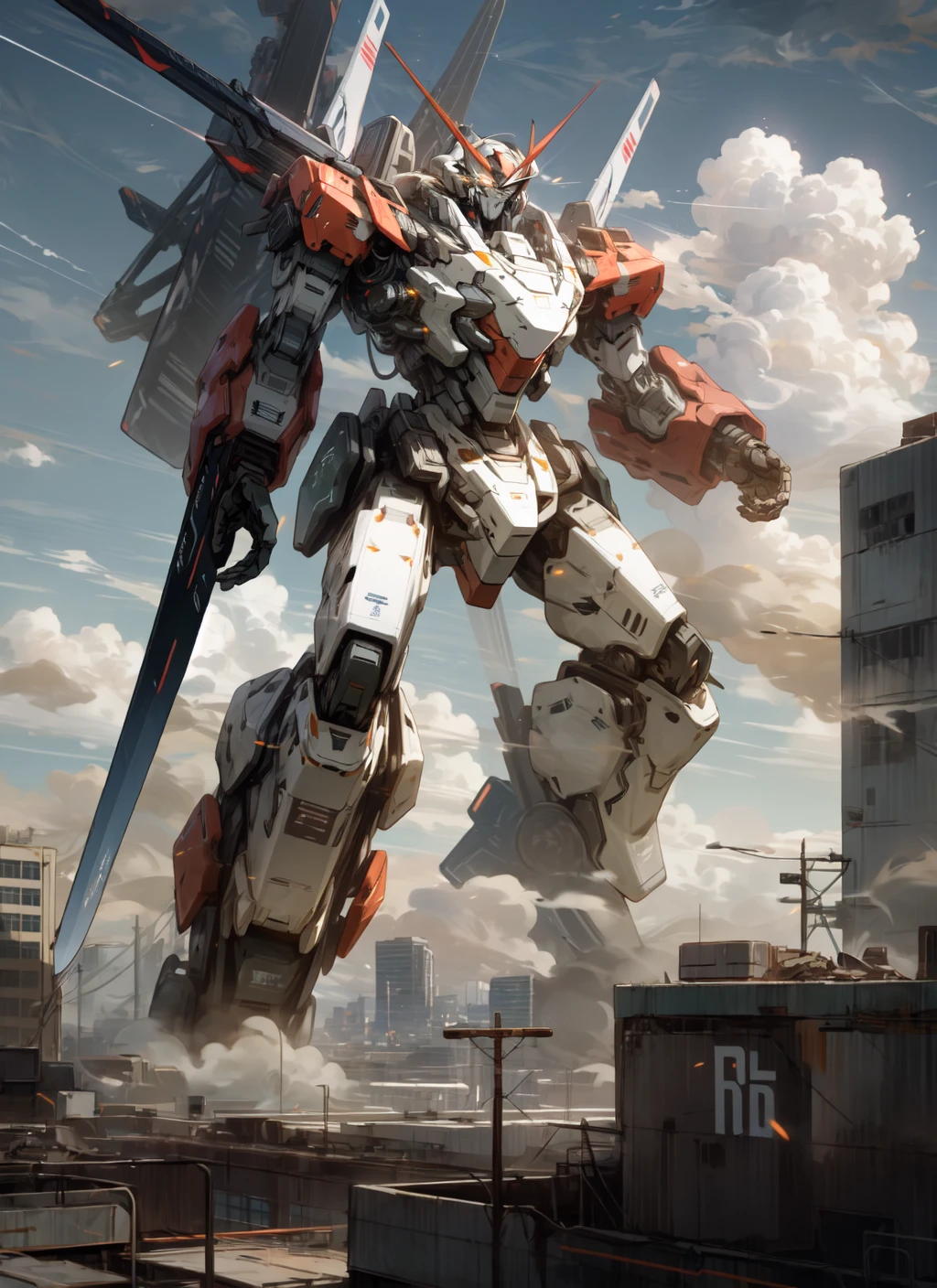 sky, cloud, holding_weapon, no_humans, glowing, , robot, building, glowing_eyes, mecha, science_fiction, city, realistic,mecha