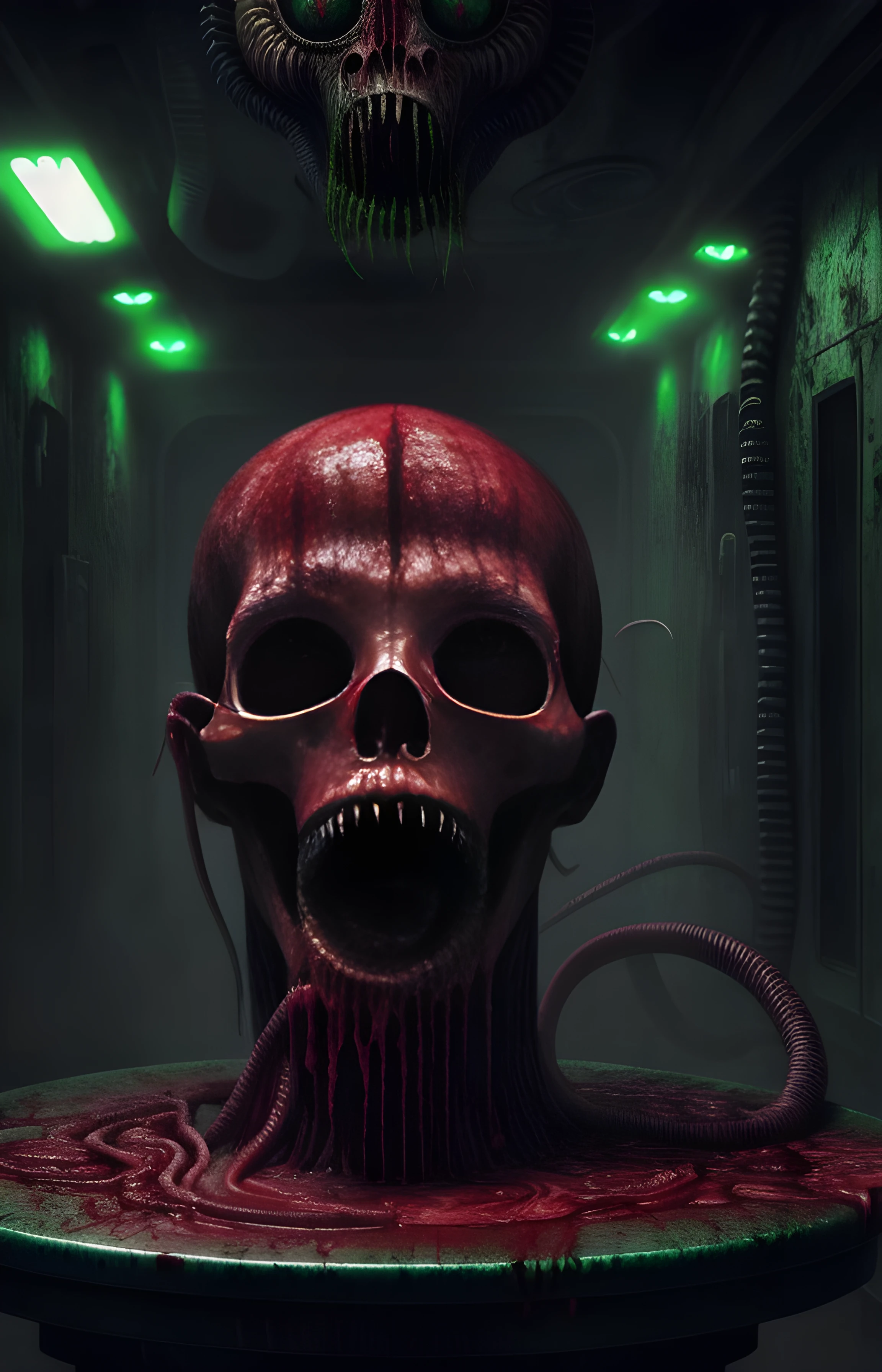 a dangerous looking man green, blood on top of a table with a demon head, in the style of giger in the hole, hyperrealism, realistic photography, dark atmosphere, realistic blood, high quality render, ultra realistic shadows