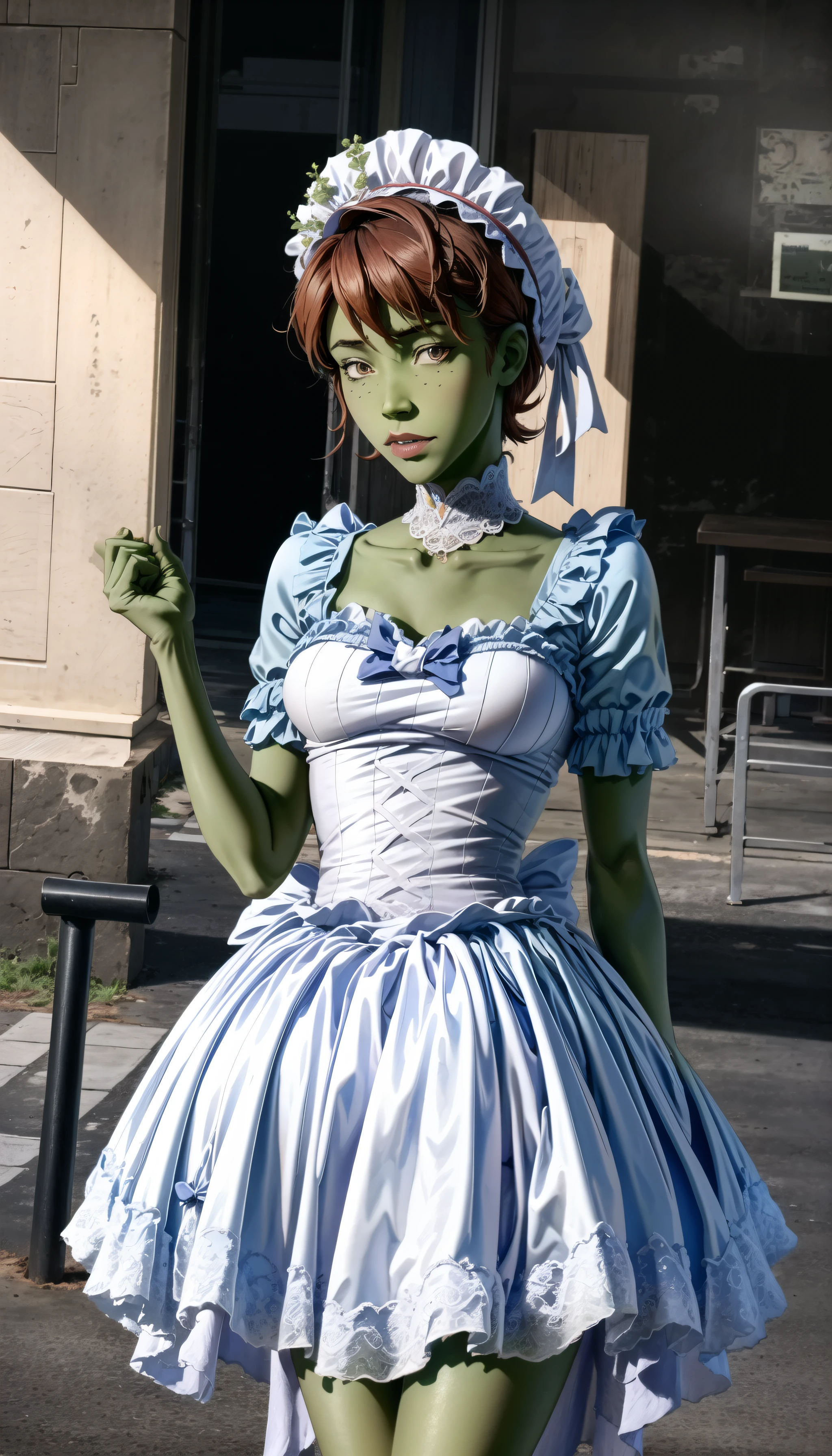 (cowboy shot), sfw, (masterpiece), (best quality:1.0), (ultra highres:1.0), detailed eyes
BREAK
<lora:MissMartianYJ-000009:0.8> MissMartianYJ, green skin, short hair, 1girl
<lora:sweetLolita_v10, sweet_lolita:0.4> sweet_lolita
BREAK
(street, indoors, gorgeous view)