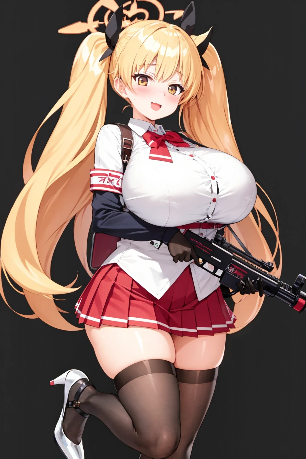 1girl,( full body:1.2),black background,white shirt,pleated skirt,happy,heavy blush,gigantic breasts,solo,twintails,thighhighs,halo,high heels,(gun:1.2),weaapon
,(masterpiece),(best quality) <lora:blue archive:1>