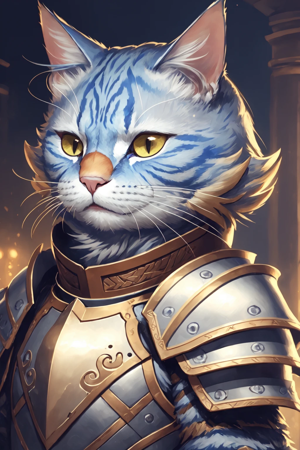 <lora:cat-000008:0.8> c4ttitude, wearing warrior armor, side portrait