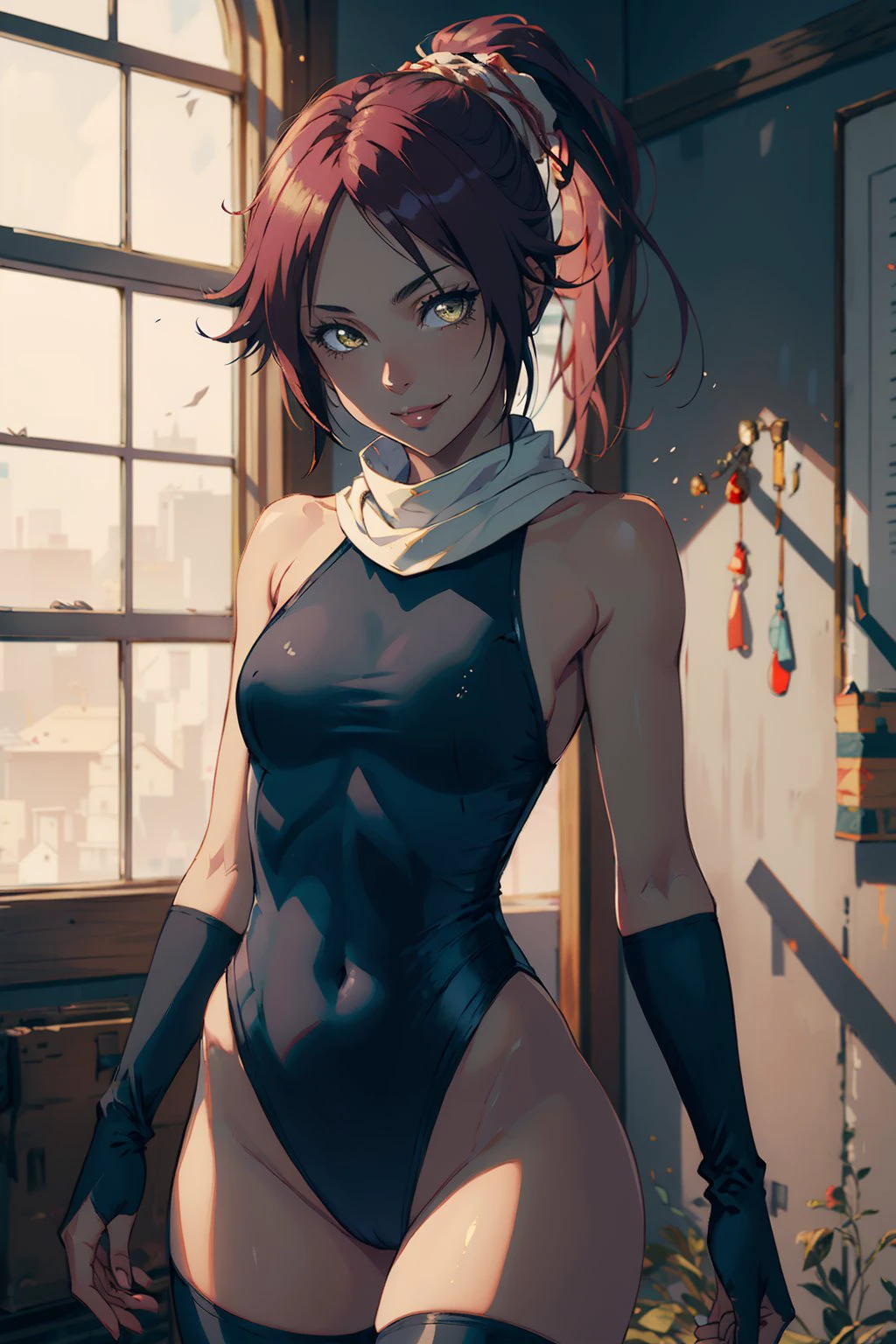 (masterpiece, best quality:1.2), <lora:bleach_shihouin-10:1>, cowboy shot, solo, 1girl, shihouin yoruichi, smile, looking at viewer, ponytail, leotard, thighhighs, white scarf